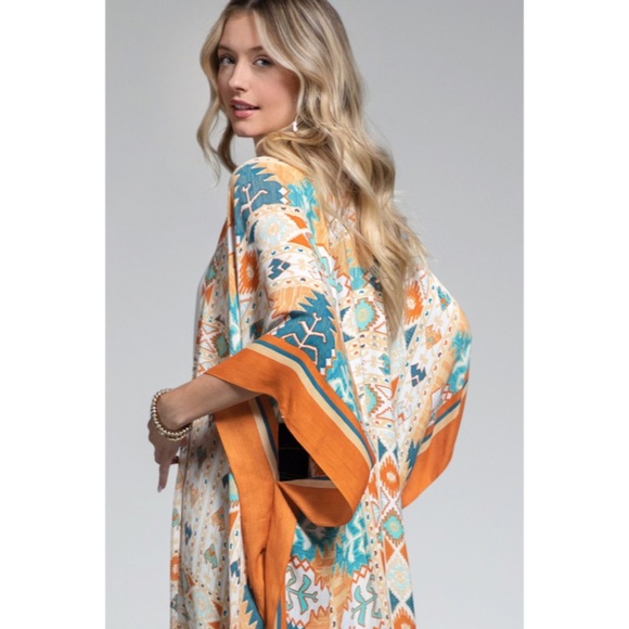 SOLD OUT Navajo Ethnic Western Orange Turquoise Open Bohemian Coverup Kimono - Picture 5 of 7